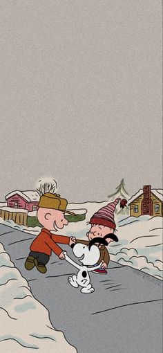 a cartoon character playing with a dog in the snow