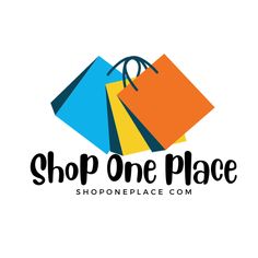 a shopping bag logo with the words shop one place on it's front and side