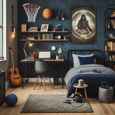 a bedroom with a bed, desk and basketball hoop on the wall above it in blue tones