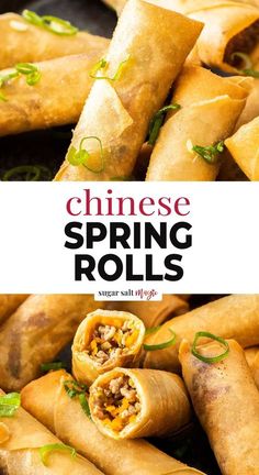 chinese spring rolls with meat and vegetables in them on a black plate text reads, chinese spring rolls