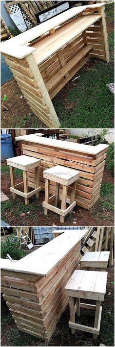 several pictures of wooden benches made out of pallets