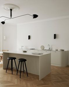 two stools are in front of the kitchen island