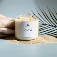 an ocean breeze candle sitting on top of a towel next to a palm tree branch