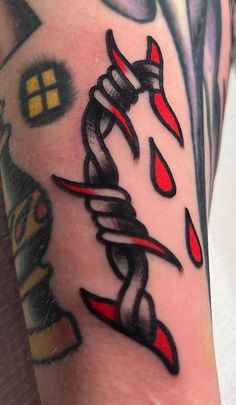 a close up of a person's arm with tattoos on it