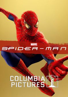 the poster for spider - man is shown in red, yellow and blue with an orange background