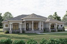 this is an artist's rendering of a house in the country style with stone pillars and columns