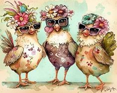 three birds with sunglasses and flowers on their heads are standing next to each other in front of a watercolor background