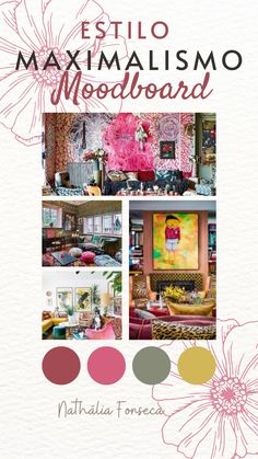 the front cover of a magazine with pictures of furniture and flowers in pink, green, yellow