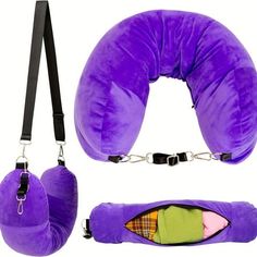 the purple travel pillow has two pillows attached to it's back and one is holding a bag