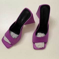 New | Never Worn Satin Purple Block Heel Mule Sandals Size Us 7.5 Purple Synthetic Heels For Spring, Spring Purple Synthetic Heels, Block Heel Mule, Heeled Mules Sandals, Purple Satin, Mule Sandals, Mule, Color Purple, Shoes Women Heels