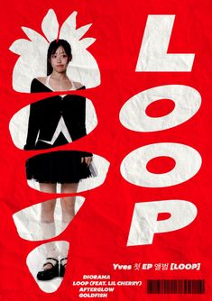 a woman in a black dress standing on top of a red background with the words loop