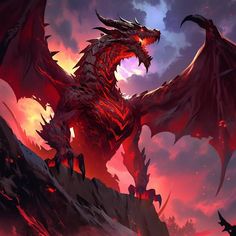 a red dragon sitting on top of a mountain