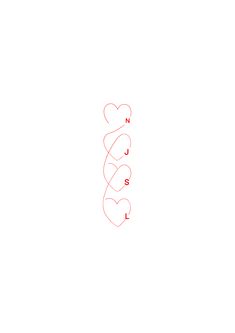 the word love is written in red ink on a white background with two hearts drawn across it