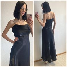 Lovely classic black slip dress / evening gown from 1990s. Asymmetrical drape around the bust. Diagonal cut for elegant drape and flexibility in size. Ankle length or floor length, depending on the person's height/size. Beautiful black colour with shiny silver reflection. Lining inside. The fabric is 100% polyester. Timeless piece! Estimated current size : EU 34-38 US 2-6 UK 6-10 The model on the photos is 174 cm tall; bust 86 cm, waist 66 cm, hips 89 cm (EU 34-36). NB! FOR EXPRESS DELIVERY WITH Black Long Slip Dress, Long Slip Dress, Long Slip, Black Slip Dress, Elegant Drapes, Estonia, Dress Clothes For Women, Evening Gown, Timeless Pieces