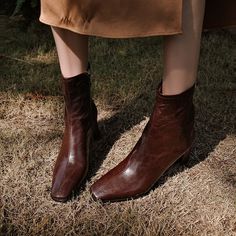 Squared Toe Leather Slimming Boots Sock Boots in Black/Brown Beautiful Days, Sock Boots, Leather Short, Brown Shorts, Boot Socks, Boots Fall, Leather Shorts, Rubber Heels, Long Legs