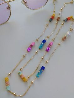 Multicolor Glass Chain Necklace, Multicolor Glass Beaded Chain Bracelets, Multicolor Glass Necklace With Chain, Multicolor Glass Beaded Bracelets With Beaded Chain, Multicolor Glass Beaded Necklaces With Adjustable Chain, Trendy Multicolor Glass Beaded Necklaces, Multicolor Beaded Glasses Chain As Gift, Multicolor Glass Beaded Necklaces, Multicolor Beaded Glasses Chain For Gift