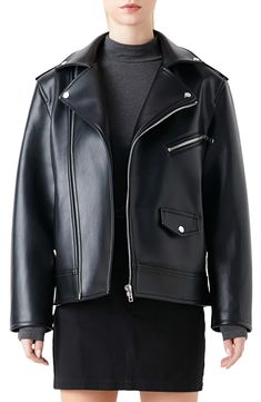 Bring a bit of edge to any look with this buttery-soft faux-leather jacket complete with padded shoulders for added retro allure. Asymmetric zip closure Notched lapels Zip cuffs Chest zip pocket; front zip pockets; front snap-flap pocket Epaulets Lined 100% polyester with polyurethane coating Hand wash, dry flat Imported Winter Biker Jacket With Asymmetrical Zip, Sleek Winter Biker Jacket With Zipper Closure, Edgy Outerwear With Asymmetrical Metal Zipper, Edgy Leather Outerwear With Zipper Closure, Leather Biker Jacket With Asymmetrical Zip, Modern Biker Jacket With Asymmetrical Zip For Winter, Modern Biker Jacket With Asymmetrical Zip For Fall, Sleek Leather Outerwear With Asymmetrical Zip, Winter Leather Jacket With Asymmetrical Zip