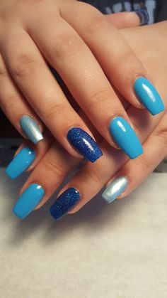 Chelsea Blue Nails, Turquoise Colour Nails, Bright Blue Dip Nails, Multi Coloured Blue Nails, Tourqoise Colour Nails, Multicolored Nails, Purple Acrylic Nails