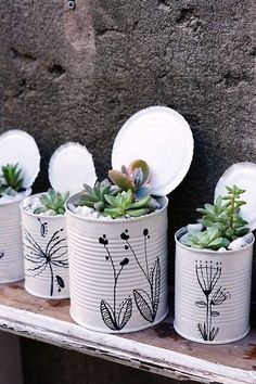 four tin can planters with succulents on them