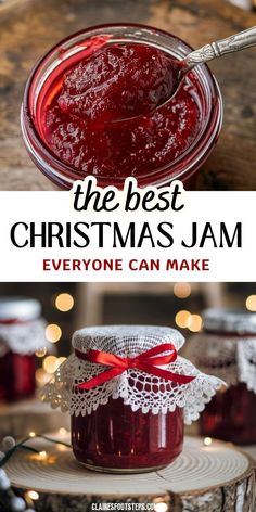 Homemade Christmas jam in a jar with a spoonful of rich, red spiced jam, highlighting an easy recipe for Christmas jam with powdered pectin. Christmas Jam Recipes, Spiced Christmas Jam, Christmas Flavors, Easy Jam Recipe, Rose Petal Jam, Canning Jam Recipes, Easy Jam, Christmas Jam, Jam Recipes Homemade