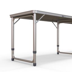 a metal table with two legs and a top that has a square design on it