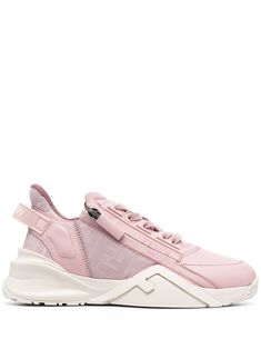 blush pink calf leather FF-logo print panelled design front lace-up fastening front zip fastening almond toe branded insole chunky rubber sole Pink Leather Sneakers With Logo, Versace Outfit, Flat Boots, Boots And Sneakers, Summer Beach Wear, Ballet Flat Shoes, Pump Sandals, Ski Wear, Top Shoes