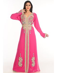 Pink Georgette Hand Zari Embroidery Party Wear Kaftan Right side and both sleeve zari work Back close with loop, button & zip, easy to wear Dress belongs to the zari embroidery work with glass stone at the front and sleeves Hijab and band shown in the image can be bought separately Fabric: GeorgetteCare: Mild machine wash/ hand Cold Wash/ Dry cleanWe request customers to carefully choose the correct size and dress length referring to our size chart Embroidery Kaftan, Zari Embroidery, Zari Work, Chic Pink, Moroccan Style, Embroidery Work, Wedding Wear, Full Sleeve, Right Side