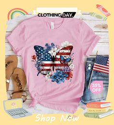 Women Basic American Independence Day Star Stripe Flag Butterfly Printed Round Neck Short-sleeved T-shirt Spring Crew Neck T-shirt With Star Print, Summer Crew Neck T-shirt With Star Print, Casual Independence Day T-shirt With Star Print, Casual T-shirt With Star Print For Spring, Pink Crew Neck T-shirt With Star Print, Pink Star Print Crew Neck T-shirt, American Flag Print Graphic Tee For Spring, Spring T-shirt With Flag Print, Spring Graphic Tee With Flag Print