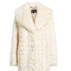 - Ivory - Fully Lined - Faux Fur: 100% Acrylic, Lining: 100% Polyester - Dry Clean - China White Fur Coat For Fall, White Long Coat With Faux Fur Lining, Chic Cream Fur Coat With Faux Fur Lining, Elegant Winter White Faux Fur Outerwear, Chic White Fur Coat With Faux Fur Lining, Cream Fur Coat With Faux Fur Trim For Spring, Chic White Fur Coat With Faux Fur Trim, Elegant White Faux Fur Outerwear, Chic White Outerwear With Faux Fur Lining