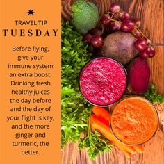 a wooden table topped with fruits and vegetables next to a quote about travel tip tuesday