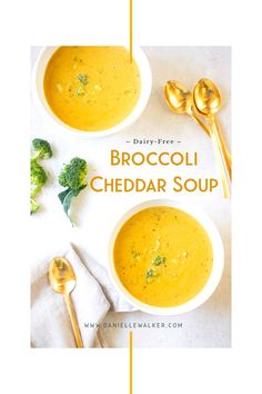 broccoli cheddar soup in two bowls with gold spoons on the side