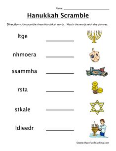 the worksheet for hanukkah scramble with pictures and words on it