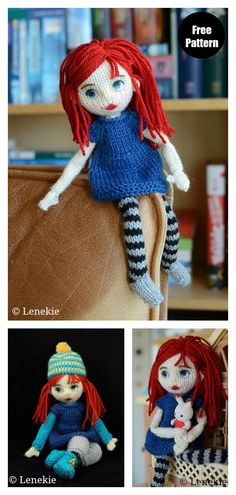 two pictures of dolls with red hair and blue clothes