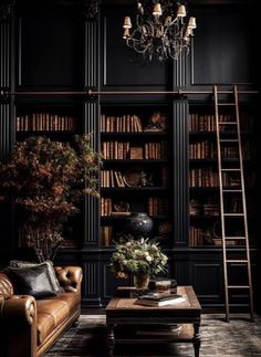 a living room filled with lots of furniture and bookshelves next to a ladder