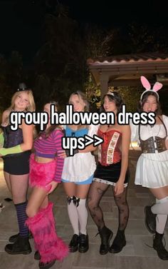 four girls dressed up in costumes and bunny ears with the caption group halloween dress ups