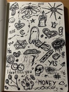 an open notebook with drawings on it and the words i don't like you money