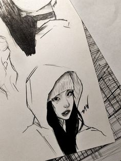 a drawing of a woman with a hat and scarf on her head, next to another drawing of a man's face