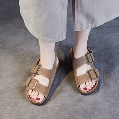 Gender: Women Type: Sandals Main Materials: Suede Insole: Microfiber Leather Sole: Rubber Type of Closure: Slip-on Style: Daily. Casual. Retro Season: Summer Heel Height: Medium (4 cm) Summer Heels, Suede Flats, Casual Sandals, Season Summer, Heel Height, Slip On, Sandals, Heels, Leather