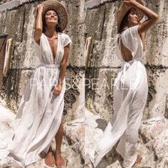 Wherever Your Travels Take You, The Sunset Beach White Sheer Maxi Style Swim Cover Up Will Keep You Looking Seaside Chic! Gauzy, Sheer Woven Fabric Is Light And Breezy As It Creates A Deep V-Neckline And Relaxed, Cap Sleeve Bodice. Belted Waist Sits Above A Flowing Maxi Skirt With Twin Side Slits. Details 100% Cotton One Size Fits Most Last Photo Is Of Actual Garment Styled By A Blogger That Works With Our Boutique Vendor Bohemian Boho Resort Wear Summer Dress Vacation White V-neck Breezy Cover-up, Beachy White V-neck Cover-up, Chic V-neck Beach Dress For Holiday, Elegant V-neck Cover-up For Beach Party, V-neck Beach Dress For Beach Wedding, Elegant V-neck Beach Dress For Beach Party, White Breezy Summer Cover-up, Chic White Vacation Cover-up, Chic White Cover-up For Vacation