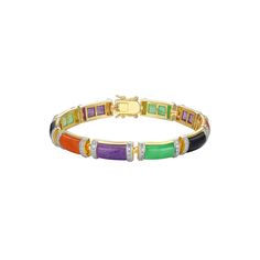 Add a pop of color to your jewelry box with this diamond-embellished Dynasty Jade purple, red, and green jade bracelet. Click on this JEWELRY & WATCHES GUIDE to learn about fit, styles, materials and more! FEATURES Length: 7.25 in. Clasp: box Nickel safe Metal: sterling silver Plating: 18k gold Finish: polished Packaging: boxedSTONE DETAILS Stone type: jadeite jade Total weight: 29 5/8 ct. Shape: baguette cut Setting: glue/epoxyDIAMOND DETAILS Total weight: less than 1/10 ct. Color grade: I-K Cl Luxury Multicolor Tennis Bracelet As Gift, Multicolor Diamond Bracelet As A Gift, Elegant Multicolor Diamond Bracelet, Elegant Multicolor Diamond Bracelet As Gift, Elegant Multicolor Diamond Bracelet For Formal Occasions, Luxury Multicolor Bracelets For Formal Occasions, Luxury Multicolor Tennis Bracelet For Anniversary, Luxury Multicolor Formal Bracelets, Multicolor Gemstone Bracelets For Formal Occasions