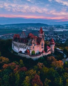 an aerial view of a castle surrounded by trees