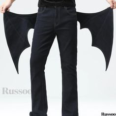 Russoo - YASUYUAN Mens Halloween Bat Pattern Flared Trousers: Casual Street Style Stretch Denim Pants Ideal for Party Wear Cotton Bottoms For Cosplay In Fall, Fitted Casual Pants For Halloween, Fitted Cotton Bottoms For Halloween, Halloween Straight Leg Cotton Bottoms, Halloween Cotton Straight Leg Bottoms, Straight Leg Cotton Bottoms For Halloween, Cotton Straight Leg Bottoms For Halloween, Casual Cotton Jeans For Party, Mens Halloween