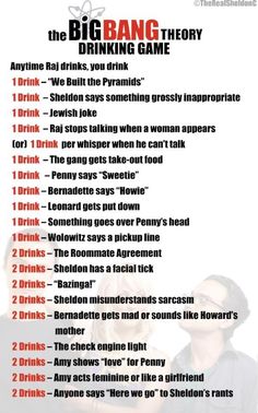 the big bang theory drinking game is shown in red and black text on a white background