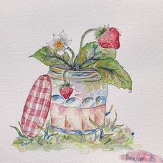 a watercolor painting of strawberries and flowers in a jar with plaid fabric on the ground