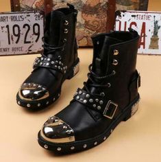 Find ideas๏ฟฝand inspiration for Men Fashion Leather Punk Studs Buckle Lace Up Combat Motorcycle Boots Shoes , Mens boots 80s Punk Fashion Men, Punk Fashion 90s, Combat Boots Aesthetic, 80s Punk Fashion, Metalhead Fashion, Steampunk Shoes, New Rock Boots, Rock Boots, Goth Shoes