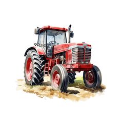 a drawing of a red farm tractor on a field with dirt and grass in the foreground