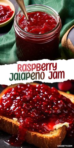 raspberry jalapeno jam in a jar on top of toasted bread