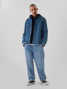 Fit: Sits below the waist with a longer rise.  Baggy through the hip & thigh.  Loose, slightly tapered leg.  Fabric: 13 oz 369 g) rigid denim.  Stretch: No Stretch.  Authentic rigid denim that gets better with every wear.  Made to wear all day & break in over time.  Look: A pull-on baggy jean in a light wash.  Details: Pull-on waist with drawcords, front & back pockets.  Responsibly Made: This pair of jeans is made with 5% recycled cotton and is part of our water-saving Washwell program.  Compared with conventional wash methods, Washwell uses at least 20% less water and has saved over a billion liters of water since 2016.  Our Mid Rise Jean has a 12. 75″ 32 cm) rise.  ​​ Sits below the waist with a longer rise.  Baggy through the hip & thigh.  Loose, slightly tapered leg.  ​​ Longer inseam