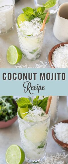 two glasses filled with coconut mojito and garnished with mint