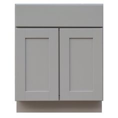 a gray cabinet with two doors and one drawer on the left side, against a white background